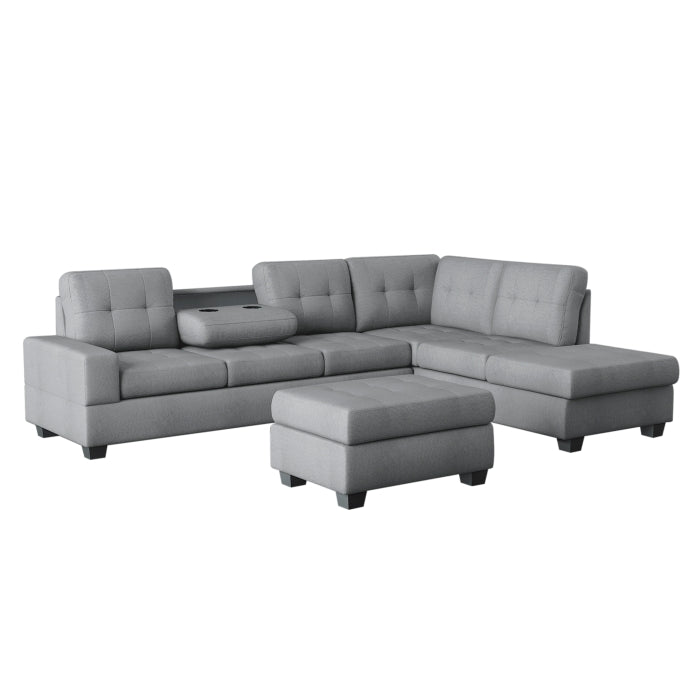 9507DGY*3OT (3)3-Piece Reversible Sectional with Drop-Down Cup Holders and Storage Ottoman - 9507DGY*3OT