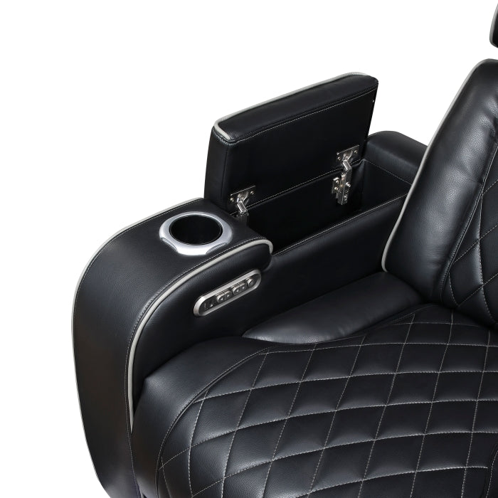 9516BLK-2PWH Power Double Reclining Love Seat with Center Console, Power Headrests, Storage Arms(Top and Side), Cup holders, Charging Ports and LED lighting - 9516BLK-2PWH