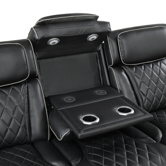 9516BLK-3PWH Power Double Reclining Sofa with Center Drop-Down Cup Holders, Power Headrests, Storage Arms(Top and Side), Cup holders and Reading Lights, Two Wireless Chargers, Charging Ports and LED Lighting - 9516BLK-3PWH