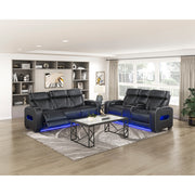 9516BLK-3PWH Power Double Reclining Sofa with Center Drop-Down Cup Holders, Power Headrests, Storage Arms(Top and Side), Cup holders and Reading Lights, Two Wireless Chargers, Charging Ports and LED Lighting - 9516BLK-3PWH