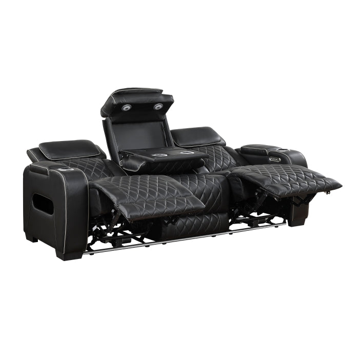 9516BLK-3PWH Power Double Reclining Sofa with Center Drop-Down Cup Holders, Power Headrests, Storage Arms(Top and Side), Cup holders and Reading Lights, Two Wireless Chargers, Charging Ports and LED Lighting - 9516BLK-3PWH
