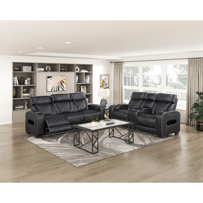 9516BLK-3PWH Power Double Reclining Sofa with Center Drop-Down Cup Holders, Power Headrests, Storage Arms(Top and Side), Cup holders and Reading Lights, Two Wireless Chargers, Charging Ports and LED Lighting - 9516BLK-3PWH