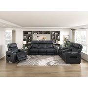 9516BLK-3PWH Power Double Reclining Sofa with Center Drop-Down Cup Holders, Power Headrests, Storage Arms(Top and Side), Cup holders and Reading Lights, Two Wireless Chargers, Charging Ports and LED Lighting - 9516BLK-3PWH