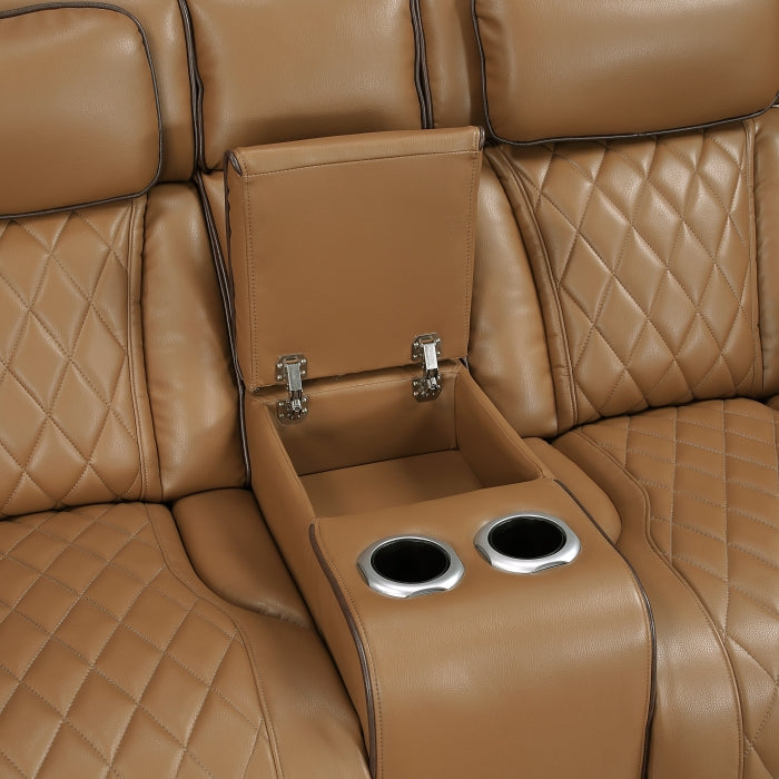 9516BRW-2PWH Power Double Reclining Love Seat with Center Console, Power Headrests, Storage Arms(Top and Side), Cup holders, Charging Ports and LED lighting - 9516BRW-2PWH