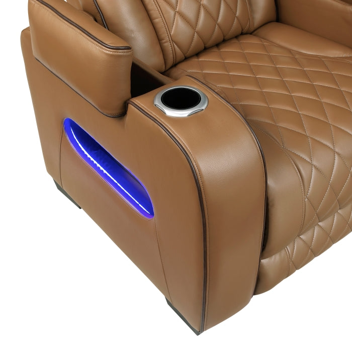 9516BRW-2PWH Power Double Reclining Love Seat with Center Console, Power Headrests, Storage Arms(Top and Side), Cup holders, Charging Ports and LED lighting - 9516BRW-2PWH
