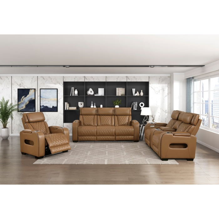 9516BRW-2PWH Power Double Reclining Love Seat with Center Console, Power Headrests, Storage Arms(Top and Side), Cup holders, Charging Ports and LED lighting - 9516BRW-2PWH