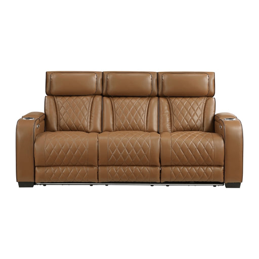 9516BRW-3PWH Power Double Reclining Sofa with Center Drop-Down Cup Holders, Power Headrests, Storage Arms(Top and Side), Cup holders and Reading Lights, Two Wireless Chargers, Charging Ports and LED Lighting - 9516BRW-3PWH