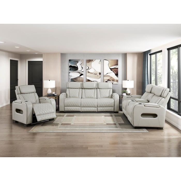 9516TPE-3PWH Power Double Reclining Sofa with Center Drop-Down Cup Holders, Power Headrests, Storage Arms(Top and Side), Cup holders and Reading Lights, Two Wireless Chargers, Charging Ports and LED Lighting - 9516TPE-3PWH