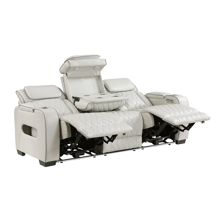 9516TPE-3PWH Power Double Reclining Sofa with Center Drop-Down Cup Holders, Power Headrests, Storage Arms(Top and Side), Cup holders and Reading Lights, Two Wireless Chargers, Charging Ports and LED Lighting - 9516TPE-3PWH
