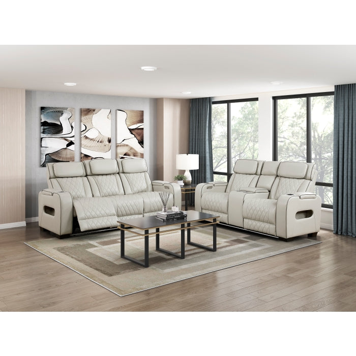 9516TPE-3PWH Power Double Reclining Sofa with Center Drop-Down Cup Holders, Power Headrests, Storage Arms(Top and Side), Cup holders and Reading Lights, Two Wireless Chargers, Charging Ports and LED Lighting - 9516TPE-3PWH
