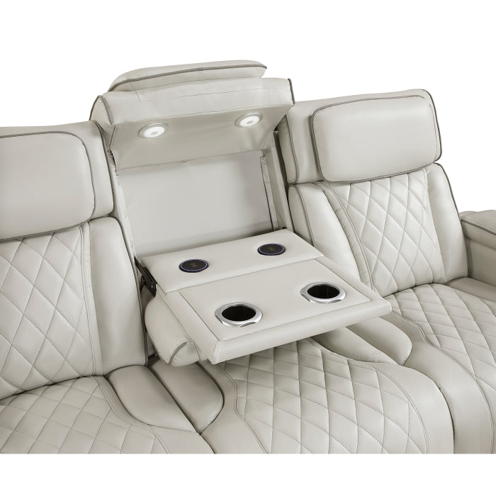 9516TPE-3PWH Power Double Reclining Sofa with Center Drop-Down Cup Holders, Power Headrests, Storage Arms(Top and Side), Cup holders and Reading Lights, Two Wireless Chargers, Charging Ports and LED Lighting - 9516TPE-3PWH
