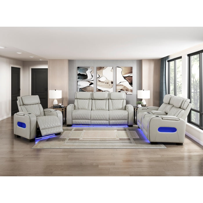 9516TPE-3PWH Power Double Reclining Sofa with Center Drop-Down Cup Holders, Power Headrests, Storage Arms(Top and Side), Cup holders and Reading Lights, Two Wireless Chargers, Charging Ports and LED Lighting - 9516TPE-3PWH