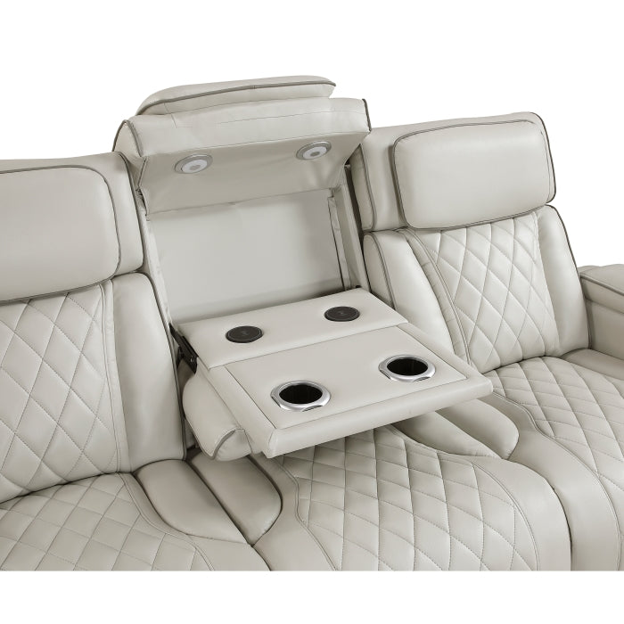 9516TPE-3PWH Power Double Reclining Sofa with Center Drop-Down Cup Holders, Power Headrests, Storage Arms(Top and Side), Cup holders and Reading Lights, Two Wireless Chargers, Charging Ports and LED Lighting - 9516TPE-3PWH