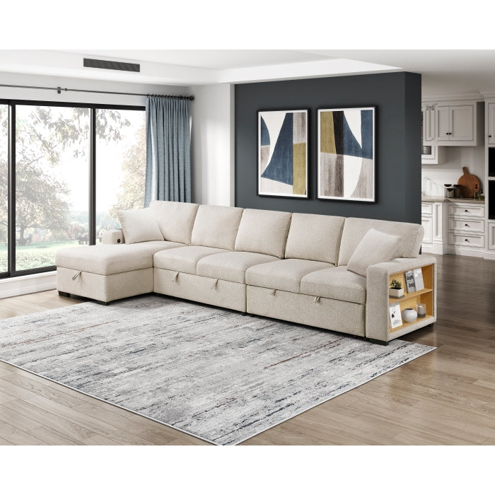 9630BE*3LC2R (3)Sectional with Left Chaise, Pull-out Bed, Hidden Storages  and Shelves, Charging Ports - 9630BE*3LC2R