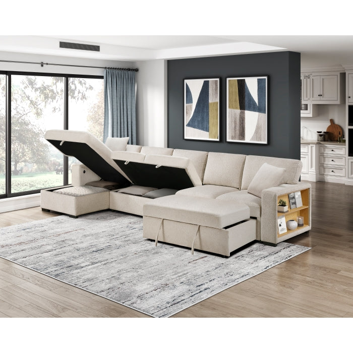 9630BE*3LC2R (3)Sectional with Left Chaise, Pull-out Bed, Hidden Storages  and Shelves, Charging Ports - 9630BE*3LC2R