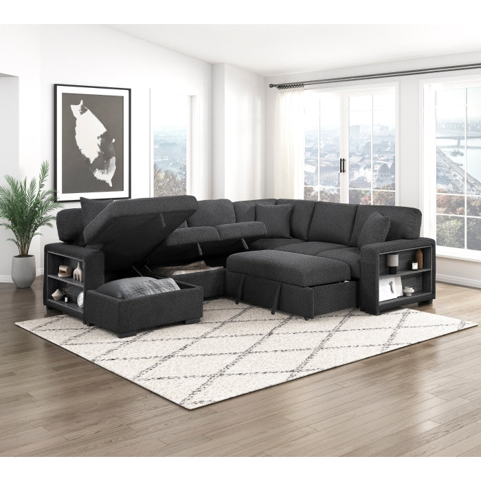 9630BK*4LC2R (4)Sectional with Left Chaise, Pull-out Bed, Hidden Storages and Shelves, Charging Ports - 9630BK*4LC2R
