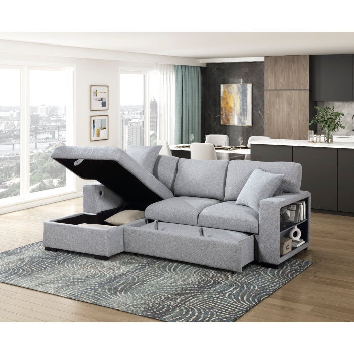 9630GY*2LC2R (2)Sectional with Left Chaise, Pull-out Bed, Hidden Storages and Shelves, Charging Ports - 9630GY*2LC2R