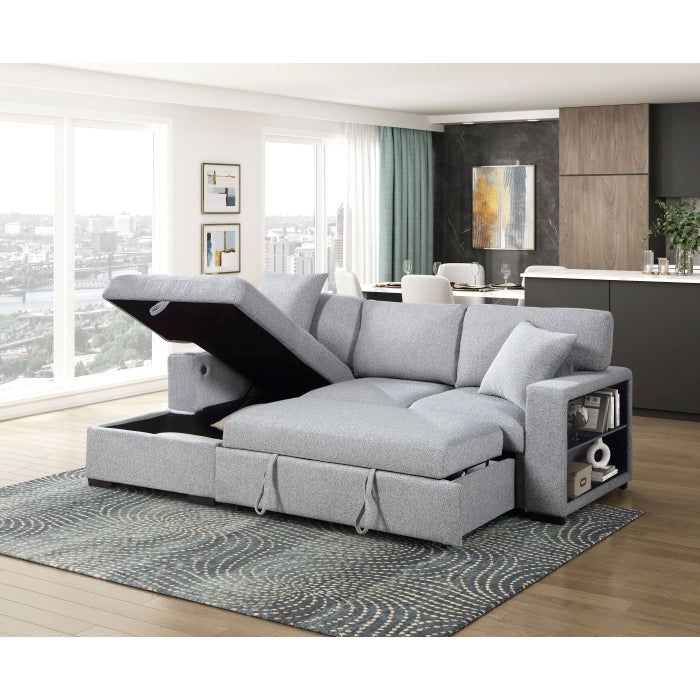 9630GY*2LC2R (2)Sectional with Left Chaise, Pull-out Bed, Hidden Storages and Shelves, Charging Ports - 9630GY*2LC2R