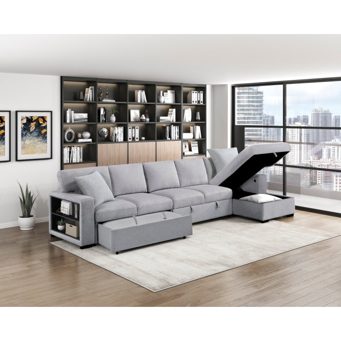 9630GY*32LRC (3)Sectional with Right Chaise, Pull-out Bed, Hidden Storages and Shelves, Charging Ports - 9630GY*32LRC
