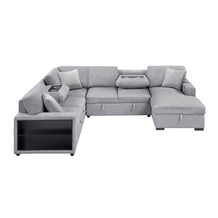 9630GY*42LRC (4)Sectional with Right Chaise, Pull-out Bed, Hidden Storages and Shelves, Charging Ports - 9630GY*42LRC