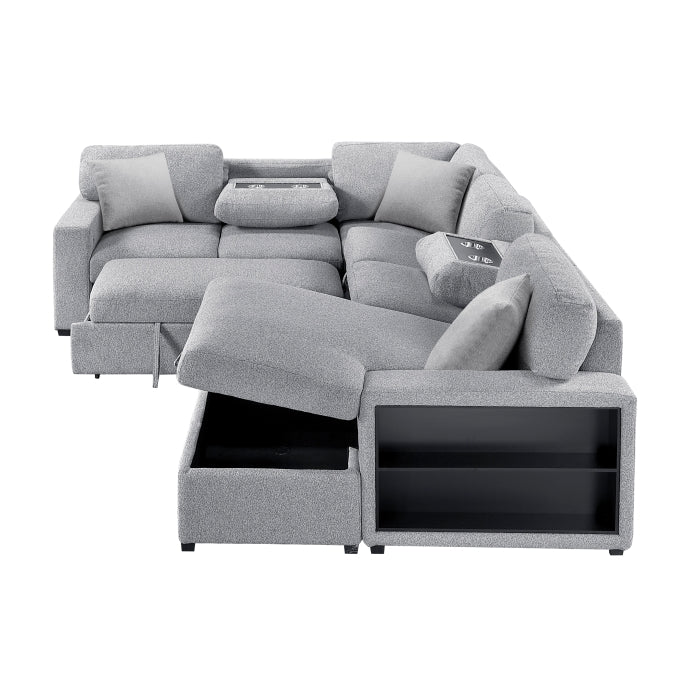 9630GY*42LRC (4)Sectional with Right Chaise, Pull-out Bed, Hidden Storages and Shelves, Charging Ports - 9630GY*42LRC
