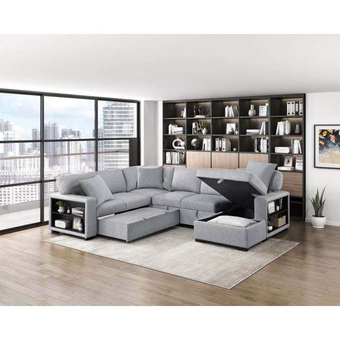 9630GY*42LRC (4)Sectional with Right Chaise, Pull-out Bed, Hidden Storages and Shelves, Charging Ports - 9630GY*42LRC