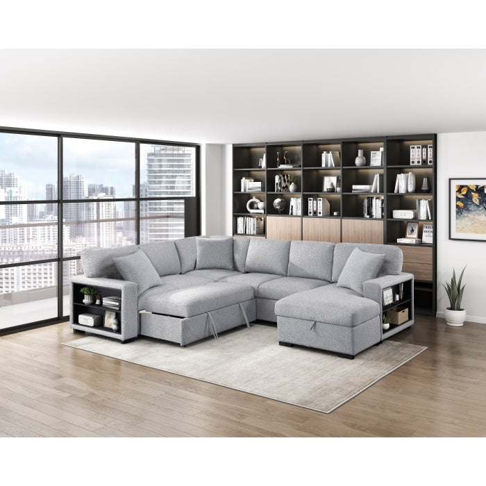9630GY*42LRC (4)Sectional with Right Chaise, Pull-out Bed, Hidden Storages and Shelves, Charging Ports - 9630GY*42LRC