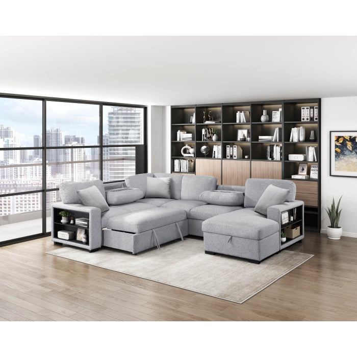 9630GY*42LRC (4)Sectional with Right Chaise, Pull-out Bed, Hidden Storages and Shelves, Charging Ports - 9630GY*42LRC