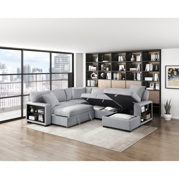 9630GY*42LRC (4)Sectional with Right Chaise, Pull-out Bed, Hidden Storages and Shelves, Charging Ports - 9630GY*42LRC