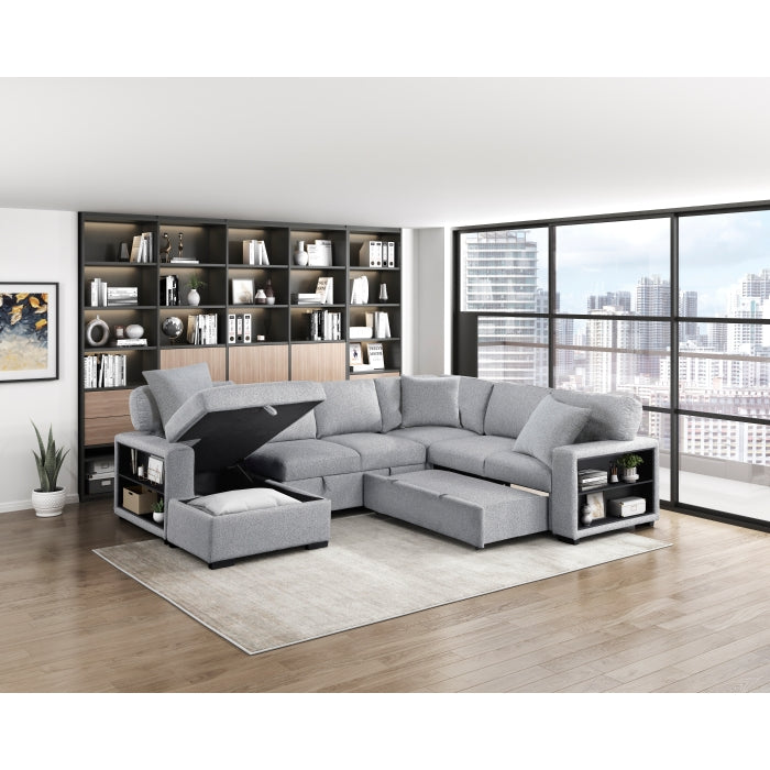 9630GY*4LC2R (4)Sectional with Left Chaise, Pull-out Bed, Hidden Storages  and Shelves, Charging Ports - 9630GY*4LC2R