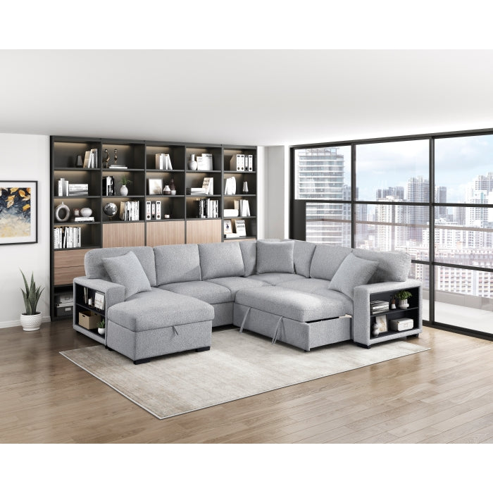 9630GY*4LC2R (4)Sectional with Left Chaise, Pull-out Bed, Hidden Storages  and Shelves, Charging Ports - 9630GY*4LC2R