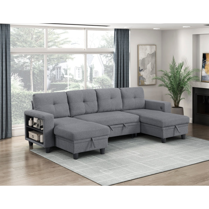9705GY*42AVC (4)Sectional with Two Chaises, Pull-out Bed, Shelves and Charging Ports - 9705GY*42AVC