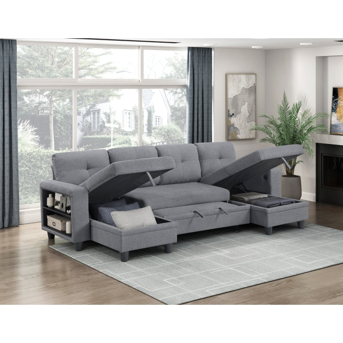 9705GY*42AVC (4)Sectional with Two Chaises, Pull-out Bed, Shelves and Charging Ports - 9705GY*42AVC