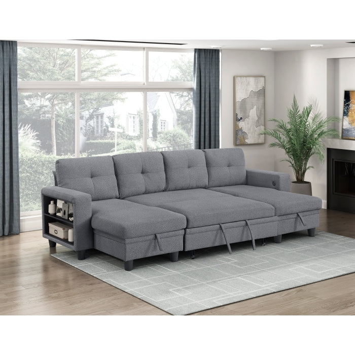 9705GY*42AVC (4)Sectional with Two Chaises, Pull-out Bed, Shelves and Charging Ports - 9705GY*42AVC