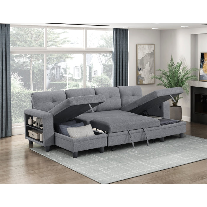 9705GY*42AVC (4)Sectional with Two Chaises, Pull-out Bed, Shelves and Charging Ports - 9705GY*42AVC