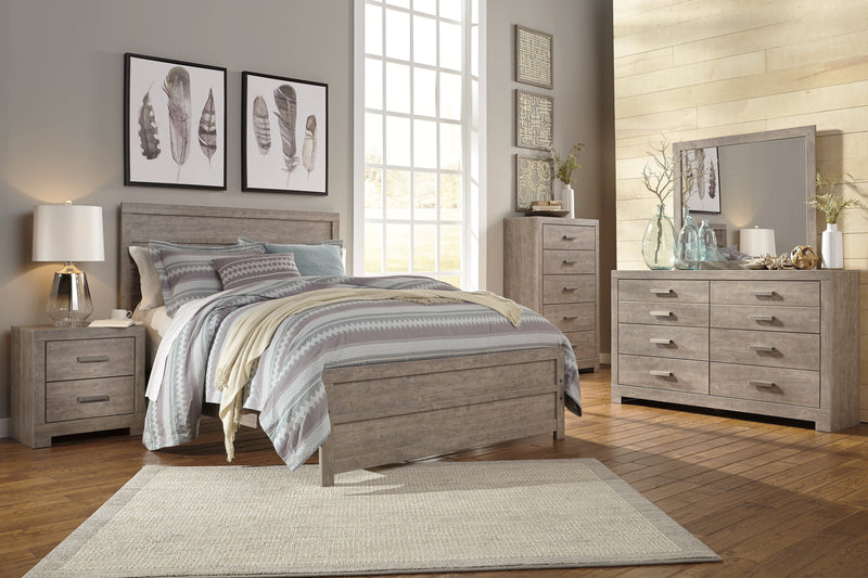 Culverbach Gray Queen Panel Bed with Mirrored Dresser, Chest and 2 Nightstands from Ashley - Luna Furniture
