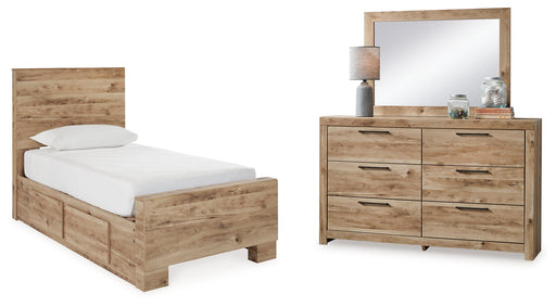 Hyanna Tan Brown Twin Panel Bed with Storage with Mirrored Dresser from Ashley - Luna Furniture