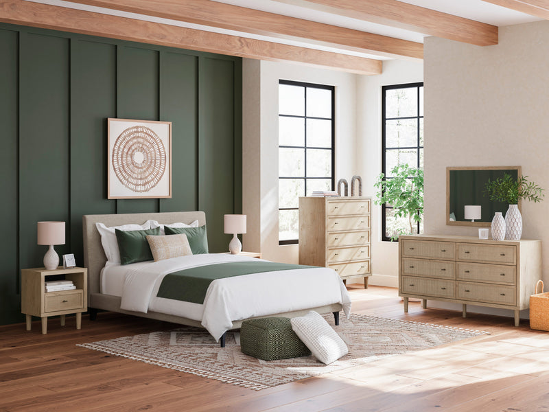 Cielden Soft Gray/Tan Upholstered Platform Bedroom Set from Ashley - Luna Furniture