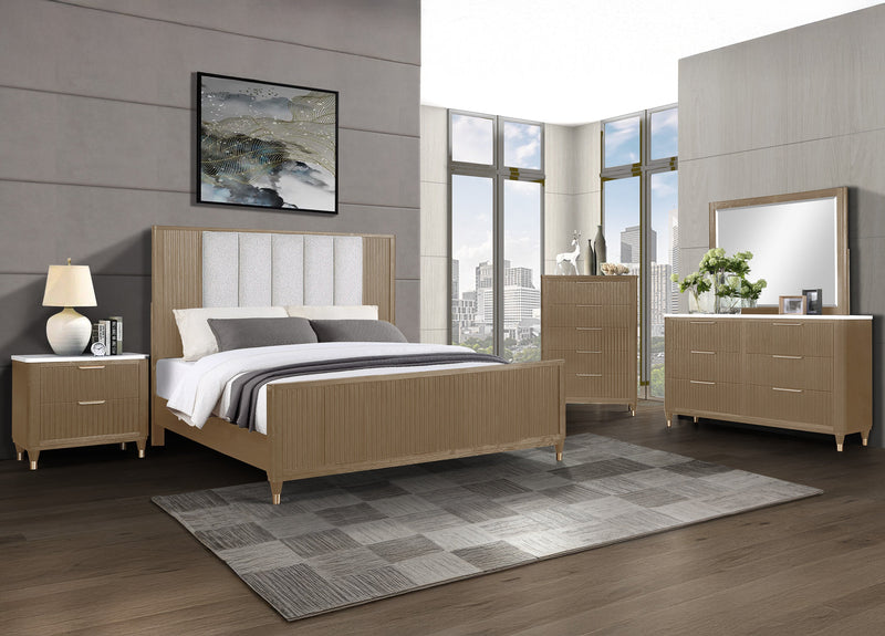 Kara Cerused Natural Upholstered Panel Bedroom Set from Crown Mark - Luna Furniture