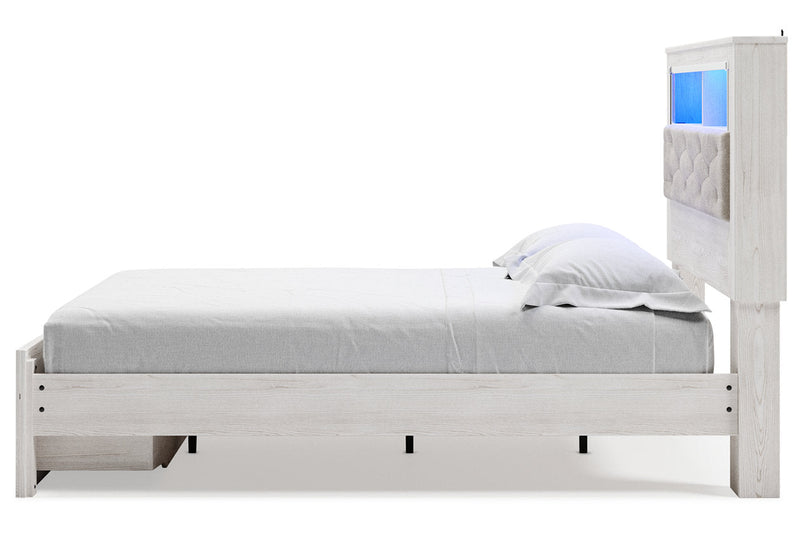 Altyra White Queen Upholstered Bookcase Bed with Storage