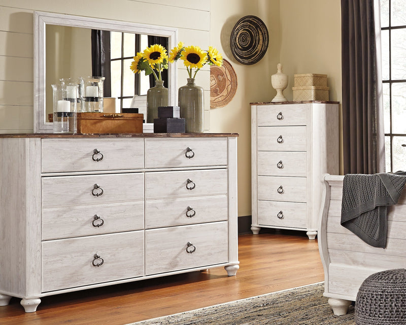 Willowton Whitewash Queen Sleigh Bed, Dresser, Mirror, Chest and Nightstand from Ashley - Luna Furniture