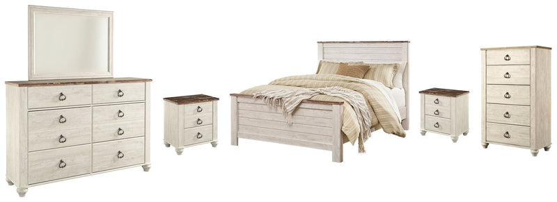 Willowton Whitewash Queen Panel Bed with Mirrored Dresser, Chest and 2 Nightstands from Ashley - Luna Furniture