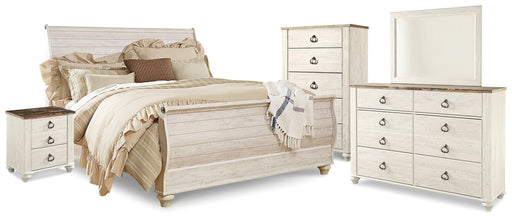 Willowton Whitewash King Sleigh Bed, Dresser, Mirror, Chest and Nightstand from Ashley - Luna Furniture