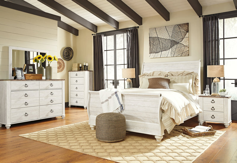 Willowton Whitewash Queen Sleigh Bed, Dresser, Mirror, Chest and Nightstand from Ashley - Luna Furniture