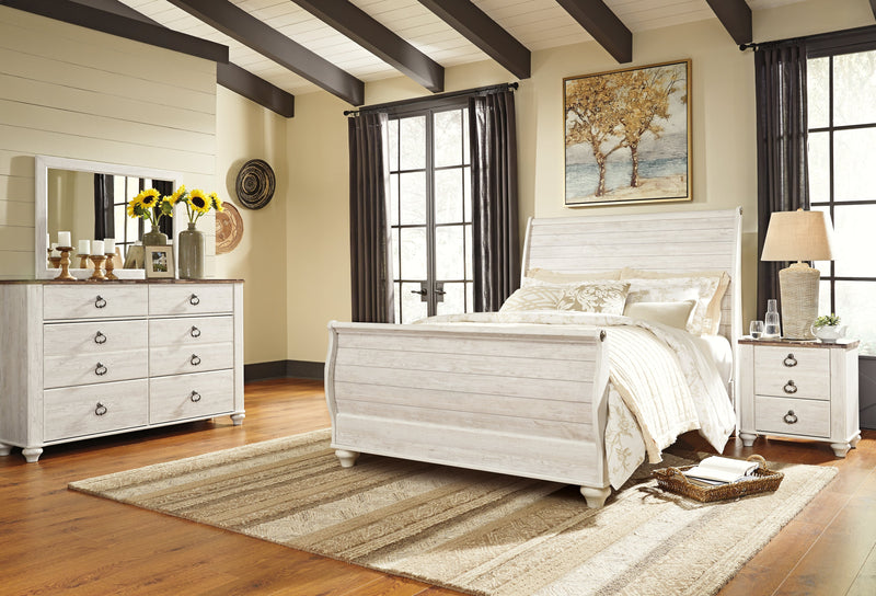 Willowton Whitewash Queen Sleigh Bed with Mirrored Dresser and Nightstand from Ashley - Luna Furniture