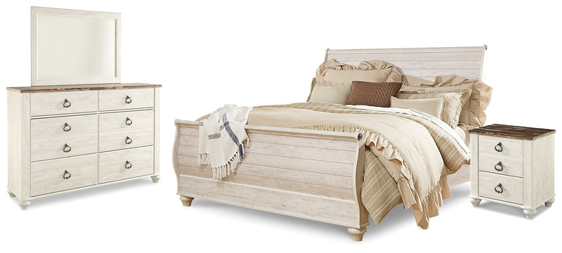 Willowton Whitewash King Sleigh Bed, Dresser, Mirror and Nightstand from Ashley - Luna Furniture