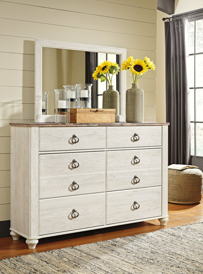 Willowton Whitewash Queen Sleigh Bed, Dresser and Mirror from Ashley - Luna Furniture