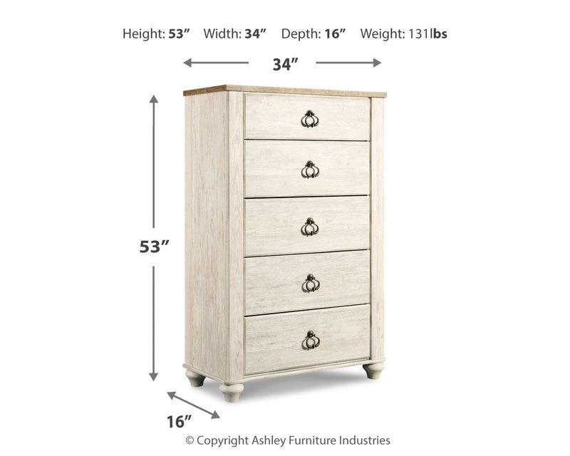 Willowton Whitewash Queen Sleigh Bed, Dresser, Mirror, Chest and Nightstand from Ashley - Luna Furniture