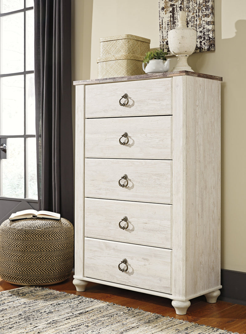 Willowton Whitewash Queen Sleigh Bed, Dresser, Mirror, Chest and Nightstand from Ashley - Luna Furniture