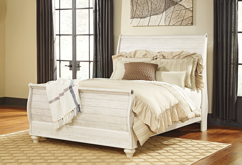 Willowton Whitewash Queen Sleigh Bed, Dresser, Mirror, Chest and Nightstand from Ashley - Luna Furniture